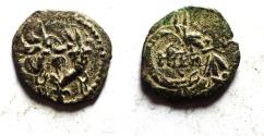 Ancient Coins - OVERSTRUCK: 	JUDAEA. NICE HASMONEAN AE PRUTAH. HEBREW INSCRIPTION