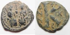 Ancient Coins - BYZANTINE. JUSTIN II & SOPHIA AE HALF FOLLIS. 