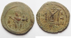 Ancient Coins - ISLAMIC. Ummayad Caliphate. Arab-Byzantine type VI AE fals (21mm, 4.45gm). Dimashq (Damascus) mint.  Struck c. AD 645-700