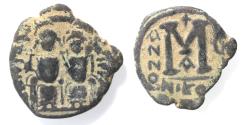Ancient Coins - AS FOUND: BYZANTINE. Justin II with Sophia, 565 - 578 AD. AE FOLLIS