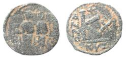 Ancient Coins - BYZANTINE. JUSTINN II & SOPHIA . AE HALF FOLLIS COIN
