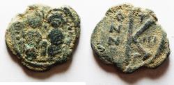 Ancient Coins - Justin II with Sophia, 565 - 578 AD, AE HALF Follis