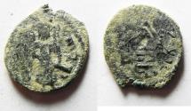 Ancient Coins - ISLAMIC, Umayyad Caliphate. temp. 'Abd al-Malik ibn Marwan. AH 65-86 / AD 685-705. Æ Fals. Standing Caliph type. DAMASCUS MINT