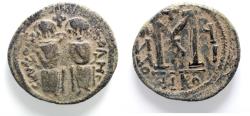 World Coins - Islamic. Time of the Rashidun (AH 15/16-23/4 / AD 637-643). AE fals (27mm, 7.74g), Arab-Byzantine series. Scythopolis (Baysan)