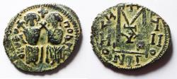 World Coins - Arab-Byzantine. AE fals. Beisan (Nysa-Scythopolis) mint imitating types of Justin II at Nicomedia, AD 566-578.