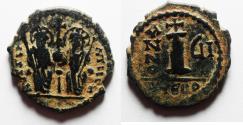 Ancient Coins - BYZANTINE. Justin II with Sophia, 565 - 578 AD, AE DECANUMMIUM