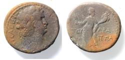 Ancient Coins - JUDAEA, Herodians. Caesaraea Panias. Agrippa II, with Domitian. Circa 50-100 CE. Æ 26mm (17.29 g). Struck in the name of Titus. Dated RY 30 (90/91 CE).