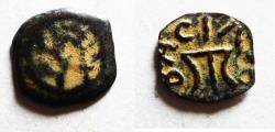 Ancient Coins - Very rare irregular issue: Judaea. Herodian Kingdom. Herod I the Great (37-4 BC). AE half prutah (10 mm, 0.41g).