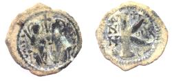 Ancient Coins - BYZANTINE. JUSTINN II & SOPHIA . AE HALF FOLLIS COIN
