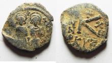 Ancient Coins - BYZANTINE EMPIRE. JUSTIN II & SOPHIA BRONZE HALF FOLLIS