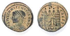 Ancient Coins - AS FOUND. CONSTANTIUS II AE FOLLIS. CAMP GATE WITH OPEN DOORS