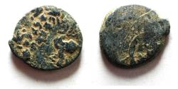 Ancient Coins - OVERSTRUCK. LILY TYPE: JUDAEA. NICE HASMONEAN AE PRUTAH. HEBREW INSCRIPTION