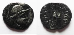 Ancient Coins - Greco-Baktrian Kingdom. Eukratides I (c. 170-145 BC). AR obol (10mm, 0.34g).Imitation of Baktra or an uncertain mint in the Paropamisadai or Gandhara. Struck c. 162-145 BC.