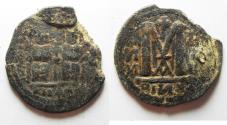 World Coins - Unusual with mint name in exergue: ISLAMIC. Ummayad Caliphate. Time of Mu'awiya I (AH 41-60 / AD 661-680). Arab-Byzantine series. AE fals (29mm, 8.55g).Gerasa (Jerash) mint. 
