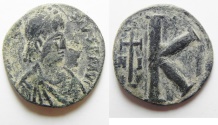 Ancient Coins - BYZANTINE. Justin I (AD 518-527). AE 20 nummi (18mm, 2.75g). Nicomedia mint, 2nd officina. 