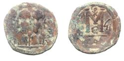 Ancient Coins - AS FOUND: BYZANTINE. Justin II with Sophia, 565 - 578 AD. AE FOLLIS