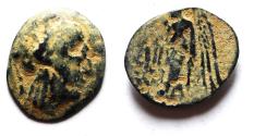 Ancient Coins - NABATAEAN KINGDOM , ARETA II OR III , OVER STRUCK ON A PTOLEMAIC AE COIN. AE 17
