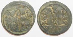 Ancient Coins - ISLAMIC. Umayyad Caliphate. Pre-Reform period (AH 41-77 / AD 661-669) AE fals (29mm, 8.92g). Arab-Byzantine series. Jerash (Gerasa) mint.