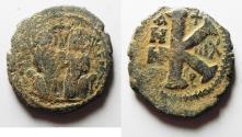 Ancient Coins - BYZANTINE EMPIRE. JUSTIN II & SOPHIA BRONZE HALF FOLLIS