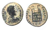 Ancient Coins - Roman Imperial. Theodosius I (AD 379-395). AE minimus (13mm, 1.19g). Thessalonica mint. Struck AD 383-388.