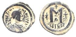 Ancient Coins - BYZANTINE. JUSTINIAN I  . AE FOLLIS COIN