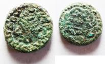 Ancient Coins - BE-HEADER OF JOHN THE BAPTIST: Judaea, Herodian dynasty. Herod Antipas (4 BC-AD 39). AE quarter denomination. (15mm, 2.77 g). Tiberias mint. Struck in regnal year 24 (AD 20/1).