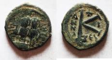 Ancient Coins - BYZANTINE. Justin II with Sophia, 565 - 578 AD, AE Half Follis