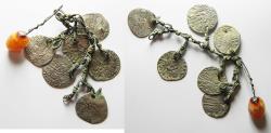 World Coins - MEDIEVAL Bronze chain segment with six suspended silver grossi of Venice and agate pendant. 15th century. 14mm, 17.12g. 