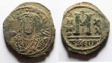 Ancient Coins - BYZANTINE. MAURICE TIBERIUS AE FOLLIS.