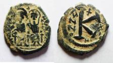 Ancient Coins - BYZANTINE. Justin II with Sophia, 565 - 578 AD, AE Half Follis