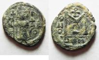 Ancient Coins - AS FOUND: ISLAMIC, Umayyad Caliphate (Arab-Byzantine coinage). Circa 680s. Æ Fals . Dimashq (Damascus) mint.