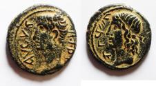 Ancient Coins - Augustus and Aretas IV Æ 22mm of uncertain mint. Dated year 8 = 1 BC / AD 1.