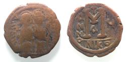 Ancient Coins - BYZANTINE. JUSTIN II & SOPHIA . AE FOLLIS COIN