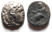 Ancient Coins - Kings of Macedon. Alexander III ’The Great’ (336-323 BC). AR drachm (16mm, 4.04g). Posthumous issue struck under Menander or Kleitos.