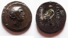 Ancient Coins - Apparently unpublished Monograms - Fouree: Seleukid Kings. Demetrios I Soter (162-150 BC). Silver-plated copper fouree tetradrachm (29mm, 14.74g).