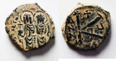 Ancient Coins - BYZANTINE. Justin II with Sophia, 565 - 578 AD, AE Half Follis