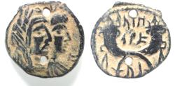 Ancient Coins - NABATAEA. Aretas IV, with Shaqilat. 9 BC- AD 40. AE 18. PIERCED IN ANTIQUITY