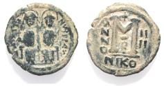 Ancient Coins - AS FOUND: BYZANTINE. Justin II with Sophia, 565 - 578 AD. AE FOLLIS