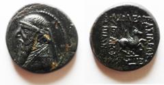 Ancient Coins - KINGS of PARTHIA. Mithradates II. 121-91 BC. Æ Tetrachalkon (17mm, 4.05 g). Rhagai mint. Struck circa 109-96/5 BC.