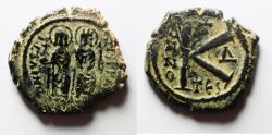 Ancient Coins - BYZANTINE. Justin II with Sophia, 565 - 578 AD, AE HALF FOLLIS