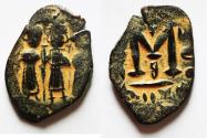 Ancient Coins - Apparently unpublished variety: Islamic. Ummayad Caliphate. Time of Mu'awiya I ibn Abi Sufyan (AH 41-60 / AD 661-680). Arab-Byzantine series. (24mm, 2.95g). Amman or Baalbek mint?