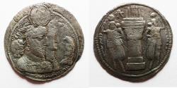 Ancient Coins - Sasanian Empire. Varhran II with Queen and Prince 4 (AD 276-293). AR drachm (37mm, 3.02g).