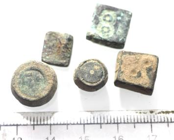Ancient Coins - ANCIENT WEIGHTS. LOT OF 5 BRONZE WEIGHTS. MOSTLY BYZANTINE