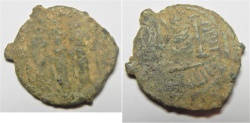 Ancient Coins - VERY RARE: ISLAMIC. Ummayad caliphate. Time of 'Abd al-Malik (AH 65-86 / AD 685-705). Arab-Byzantine series. AE fals (19mm, 3.80g). Tabariyya mint.