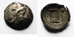 Ancient Coins - Apparently unpublished denomination: Dynasts of Persis. Bagadates (Bayd?d). Third century BC. AR hemiobol (11mm, 0.52). Persepolis (Istakhr) mint.