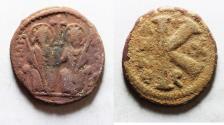 Ancient Coins - BYZANTINE. Justin II with Sophia, 565 - 578 AD, AE HALF FOLLIS