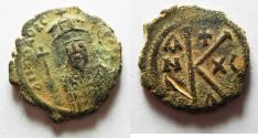 Ancient Coins - BYZANTINE. MAURICE TIBERIUS AE HALF FOLLIS. CONSTANTINOPLE