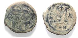 Ancient Coins - AS FOUND: BYZANTINE. Justin II with Sophia, 565 - 578 AD. AE FOLLIS