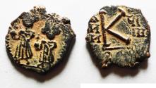 Ancient Coins - BYZANTINE. Heraclius (610-641). AE half follis (22mm, 5.76 g). Thessalonica mint, struck in regnal year 9 (618/9).