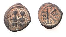 Ancient Coins - BYZANTINE. Justin II with Sophia, 565 - 578 AD. AE HALF FOLLIS